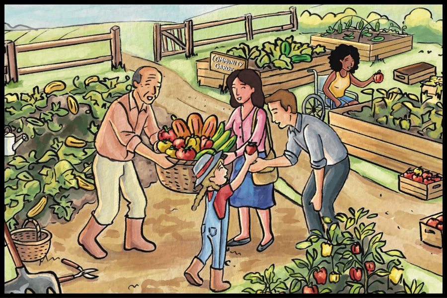 Cartoon of people in a community garden sharing vegetables